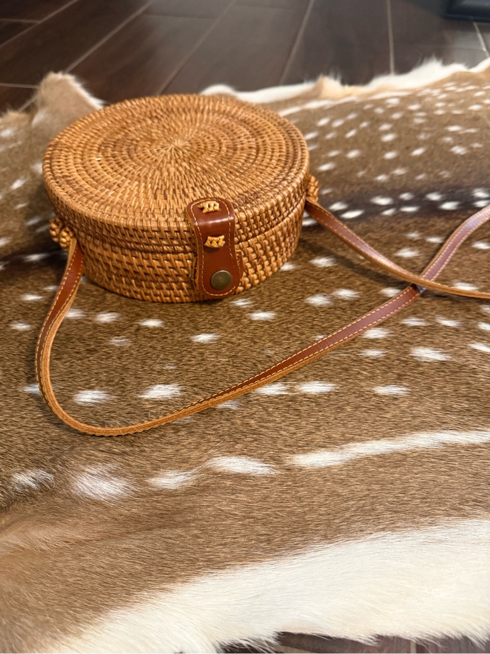 Round Woven Straw Crossbody Bag in Tan